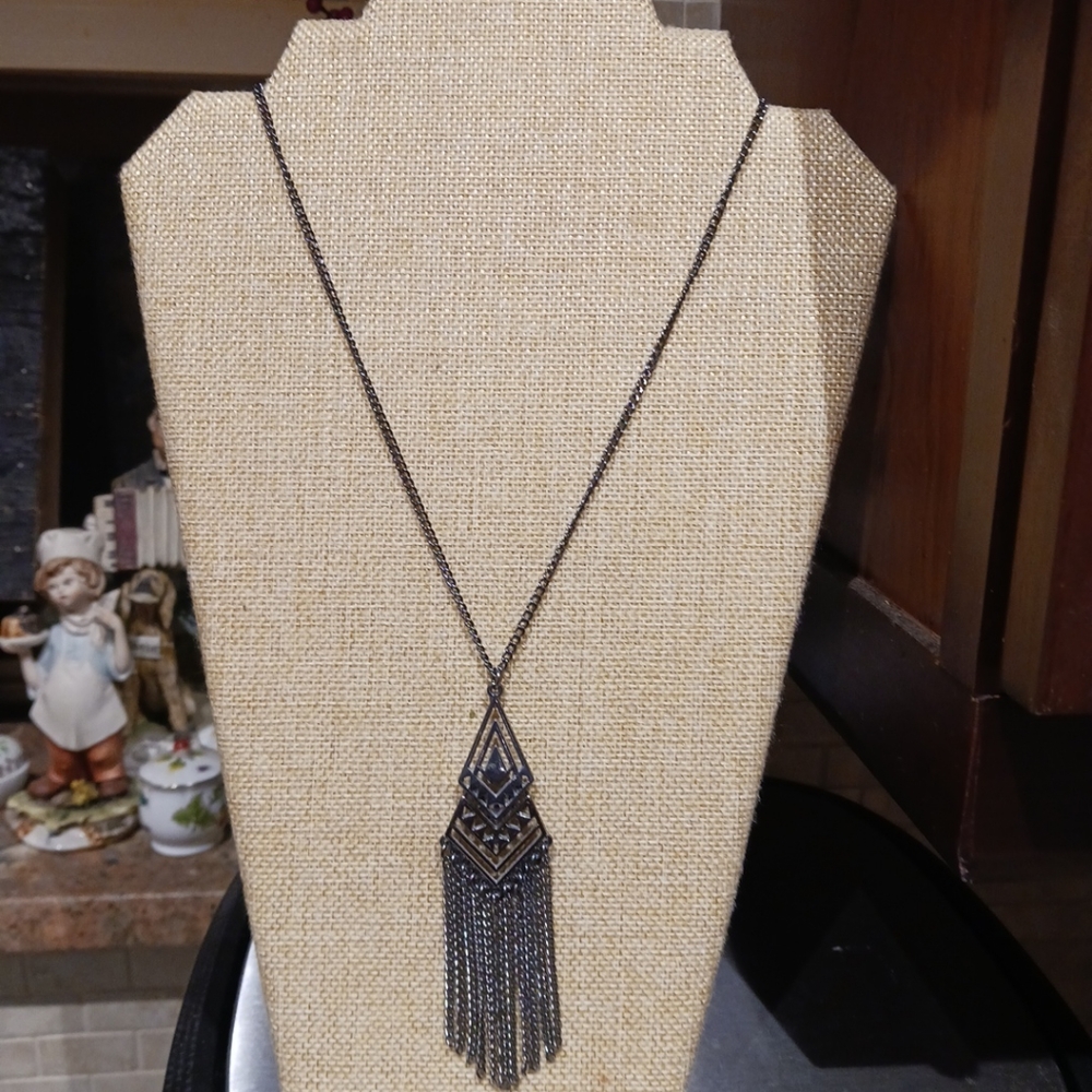 Women's Long 30" Gunmetal Gray Tassel Necklace. 4" Pendant